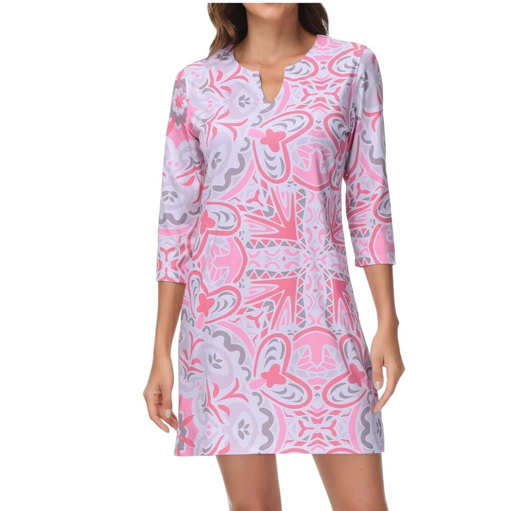 Lightbare Women's Pink Purple Geometric 3/4 Sleeve UPF Dress Medium